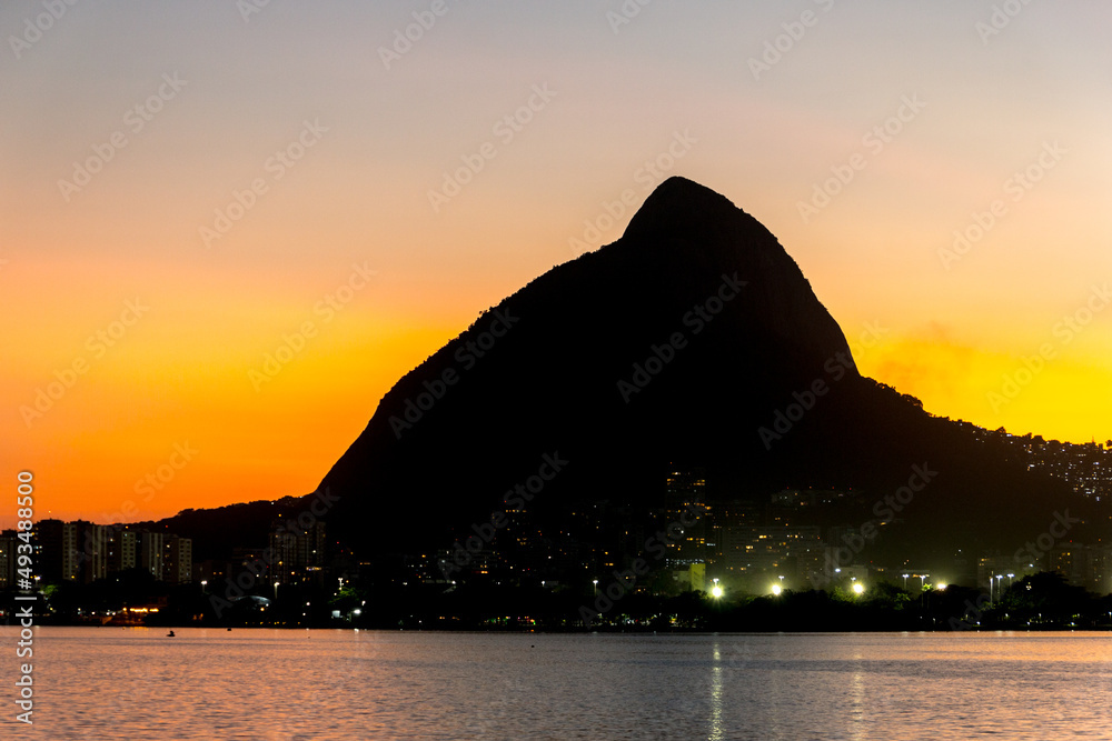 Sunset at Rodrigo de Freitas Lagoon in Rio de Janeiro.