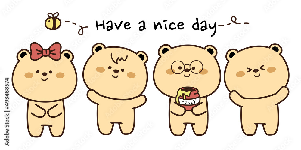 Have a nice day writing. Cute bear greeting and smiling. Cute cartoon  character design. Happy baby bear Background. Vector. Illustration Stock  Vector | Adobe Stock
