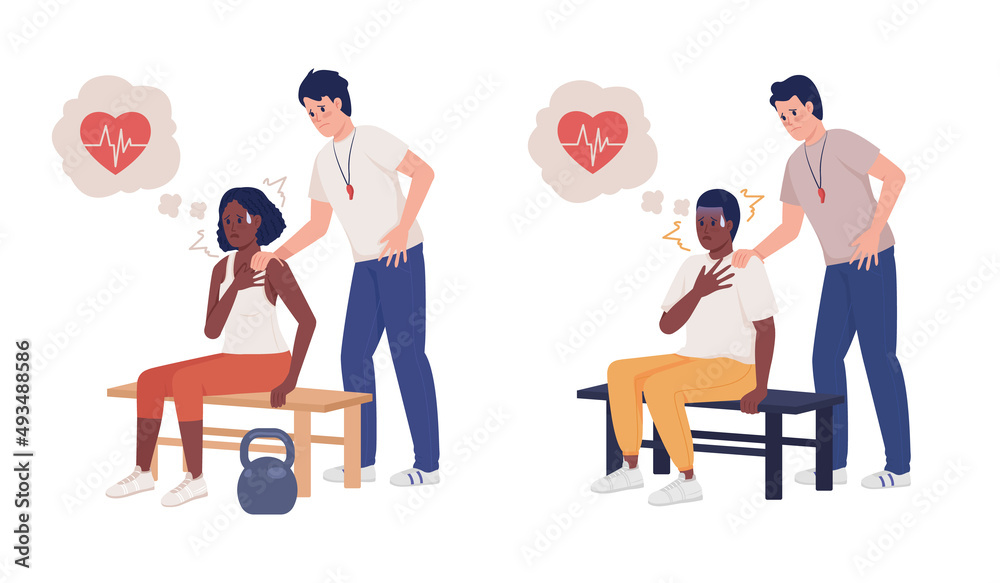 Heart attack at gymnasium semi flat color vector characters set. Posing  figures. Full body people on white. Supportive coach simple cartoon style  illustration for web graphic design and animation Stock Vector |