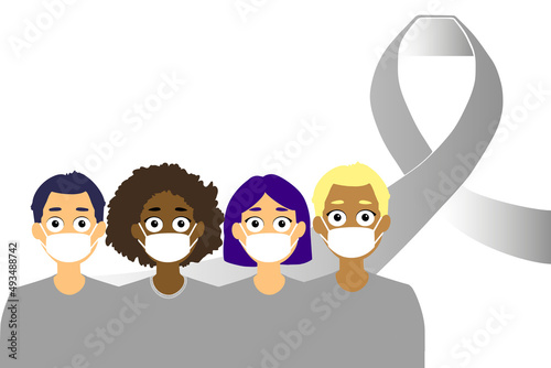 Ilustración de grupo de personas diversas con lazo plateado sobre fondo blanco, diseño horzontal para el 11 de abril día internacional del Parkinson, niños con discapacidad y enfermedades mentales. photo