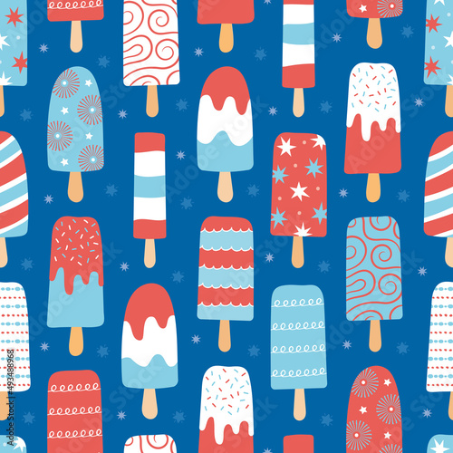Fun bright ice lolly pattern in red, white and blue for Independence Day, celebrations, summer, July. Seamless vector background, wallpaper