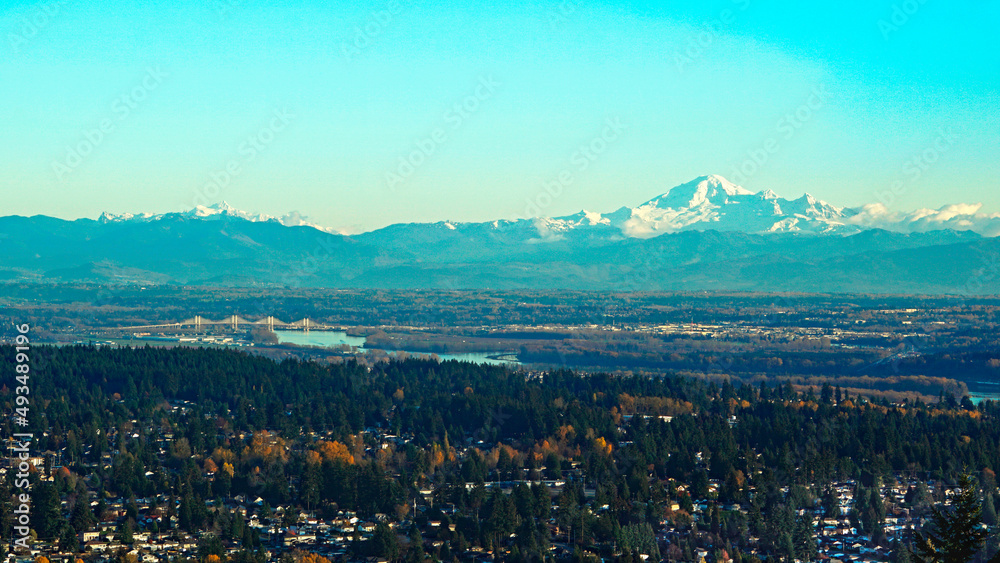 Fraser Valley, BC, residences as viewed from Burnaby Mountain, BC, with majestic Mount Baker as backdrop.
