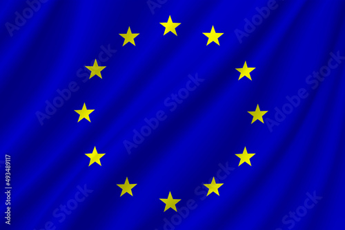 EU. European Union flag. Official colors and proportion correctly. Illustration. Flag with ripples. Europe day. 9 May 2022. Happy Europe Day.