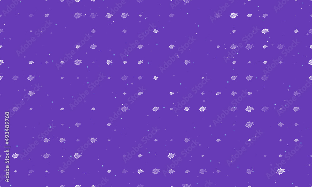 Seamless background pattern of evenly spaced white digital tech symbols of different sizes and opacity. Vector illustration on deep purple background with stars