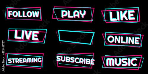 Set of stickers for a popular social network. White - blue - pink sticker on black background. Modern advertising social media design.