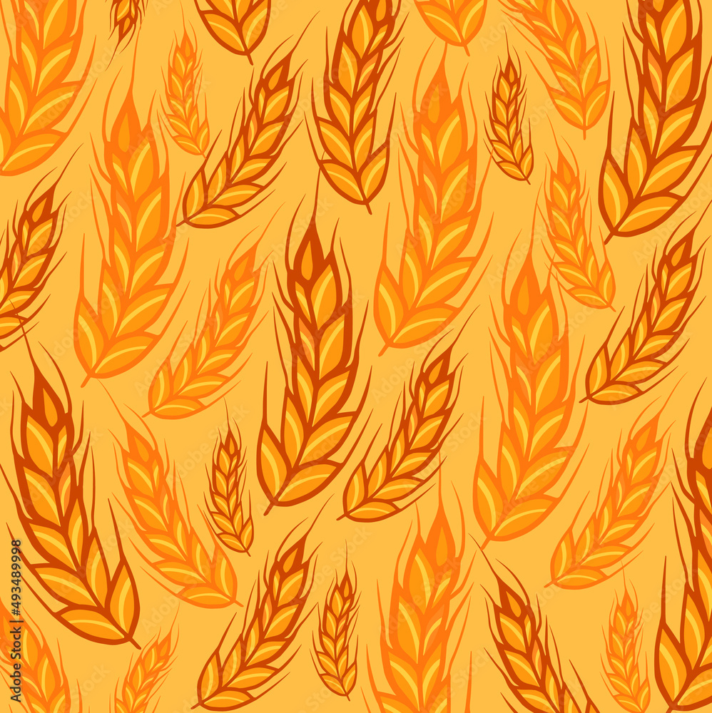 Horizontal seamless border with hand drawn spikelets of wheat in sketch vector illustration isolated on white. Ears of wheat for decoration, packaging design of bakery in black, white, gold.