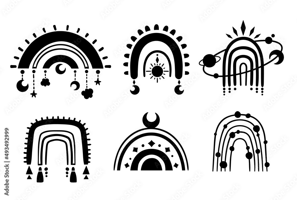 Mystical boho geometric rainbow isolated cliparts bundle, celestial ...