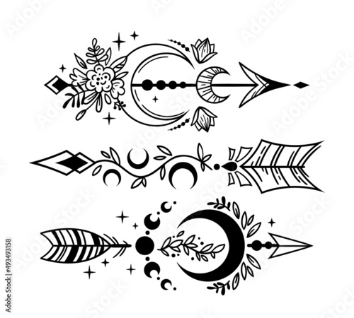Boho celestial arrows symbols, mystical bohemian style arrows and moons, fantasy esoteric hand drawn art in black white color vector cliparts