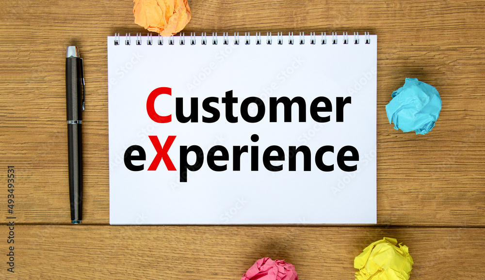 Fototapeta premium CX customer experience symbol. Concept words CX customer experience on white note. Metallic pen. Beautiful wooden background. Copy space. Business and CX customer experience concept.