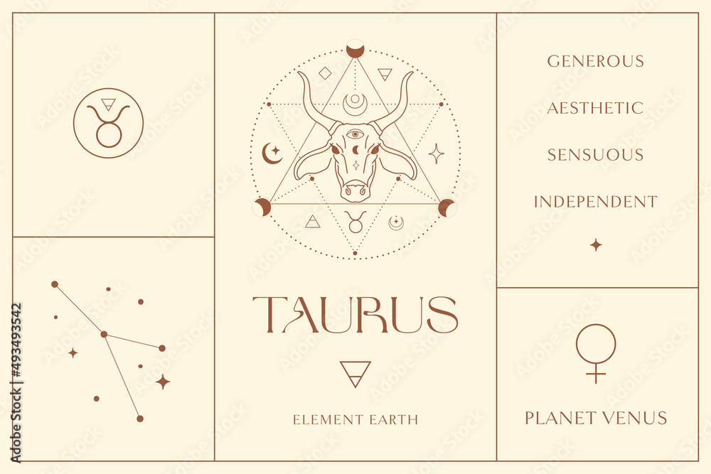 Taurus Zodiac Sign Design Illustrations. Esoteric Vector Element, Icon - obrazy, fototapety, plakaty 