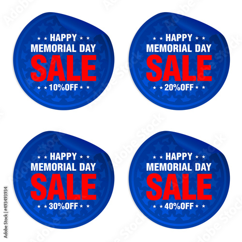 Happy Memorial day sale sticker set. Sale 10%, 20%, 30%, 40% off
