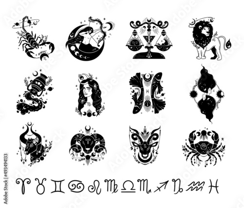 Zodiac hand drawn signs isolated cliparts bundle, unique astrology symbols illustration, esoteric mystical horoscope in black color, Libra Gemini Taurus Cancer Aries Leo Pisces modern vector