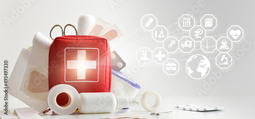 International aid healthcare medicine with first aid kit concept photo