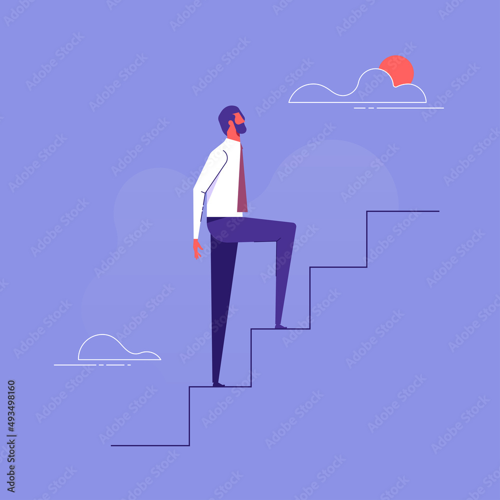 Obraz premium In progress concept. Businessman walking up stairs to their goal. Move up motivation, the path to the target's achievement
