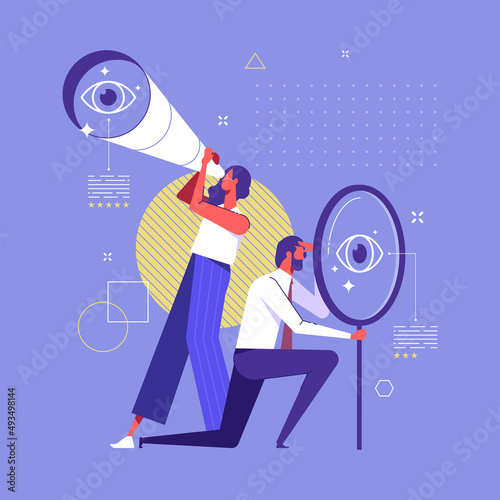 Concept of searching for opportunities, vision, decisions, new business ideas or staff. People looking into future choosing direction of development