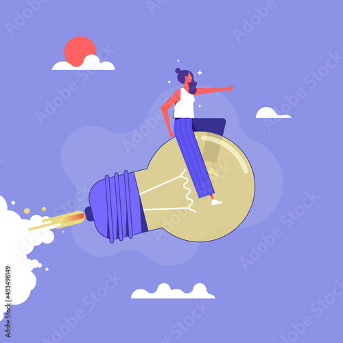 Businessman riding idea light bulb flying through the sky. Creative new idea, innovation start up business or inspiration to achieve success goal