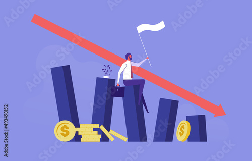 Economic recession, financial crisis or stock market crash concept, unemployed businessman investor or business owner sitting on falling down bar graph with red arrow.
