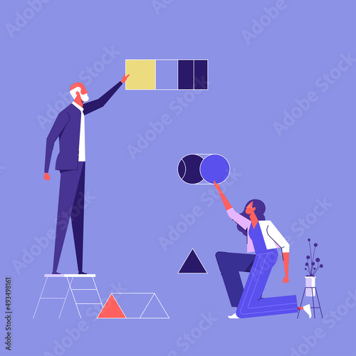 Solution, finding the right answer concept. Business tea solving a puzzle, holding a cube to put it the right hole. Brainteaser, logic game, solving a logical problem
