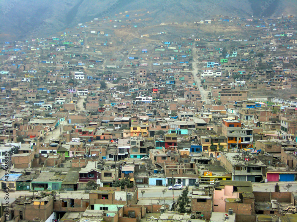Houses of different construction materials in a low-income human settlement in Peru.