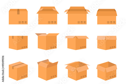 Opened and closed cardboard box. Vector illustration.