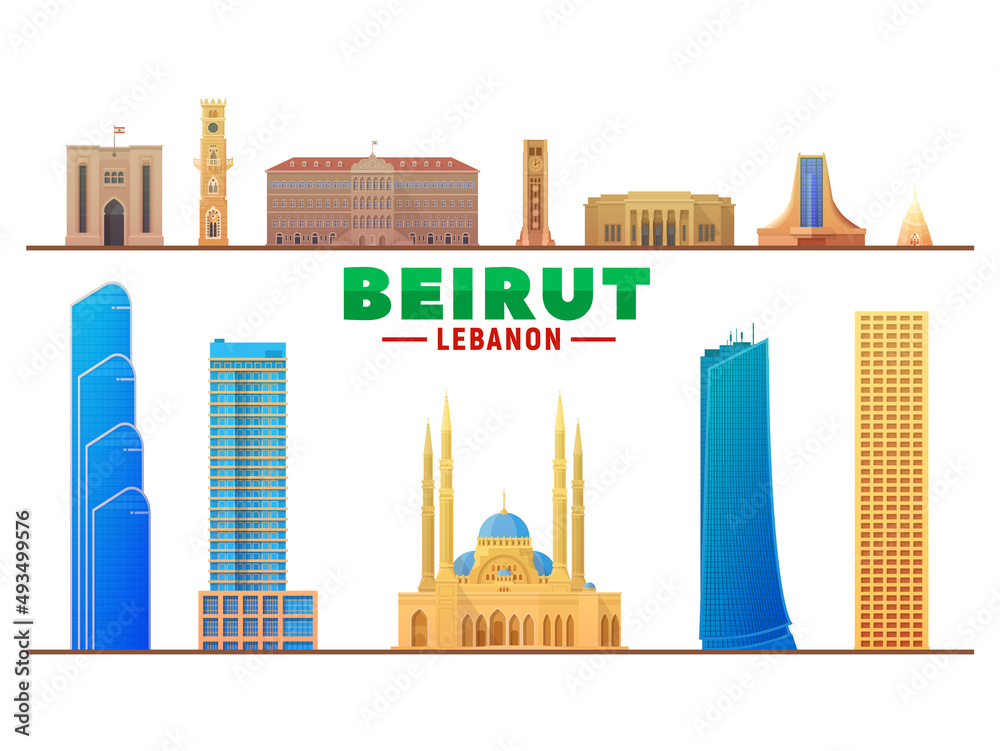 Beirut Lebanon top landmarks at white background. Vector Illustration. Business travel and tourism concept with modern buildings. Image for banner or web site.