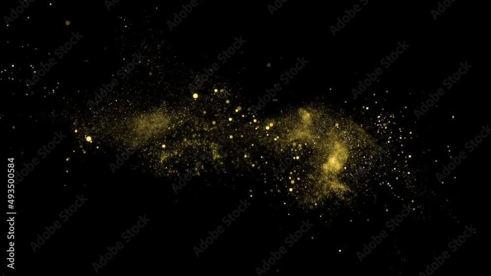 Gold Particles Moving Background. fast energy flying wave line with flash lights. Particle from below. Particle gold dust flickering on black background. Abstract Footage background for text. 