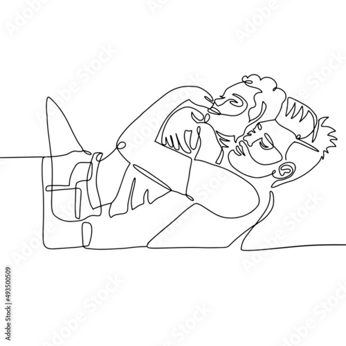 Couple in love lying and hugging. Romantic lovers portrait. Linear sketch vector illustration. Hand drawn Continuous one line drawing