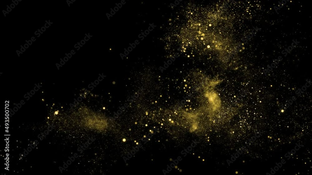 Gold Particles Moving Background. fast energy flying wave line with flash lights. Particle from below. Particle gold dust flickering on black background. Abstract Footage background for text.