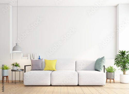 Minimalist living room with sofa and side table. white wall and wood floor. 3d rendering