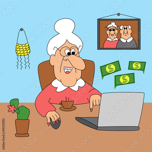 Cheeky granny using computer for earning money. Elderly grandmother at home play online casino, senior woman makes bets and win, old people interior photo