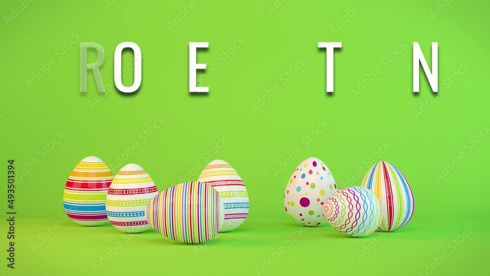 Frohe Ostern - 7 farbenfrohe, bemalte Ostereier auf grünen Hintergrund - Frohe Ostern - Oster