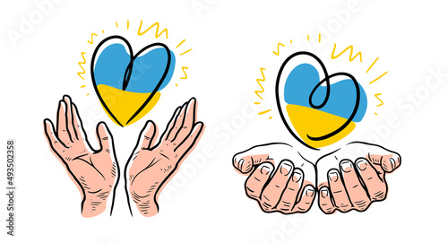 Ukrainian flag in shape of heart and pair of hands. Ukraine Independence vector illustration