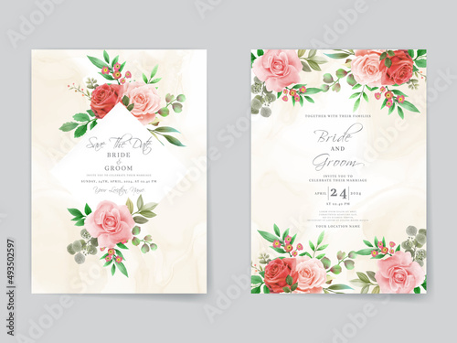 Romantic red roses wedding invitation card template