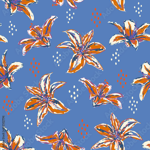 Colorful Artistic summer blooming lily  flowers seamless pattern in vector hand brushed strokes  ,Hand painting design for fashion,fabric,wallpaper,web and all prints