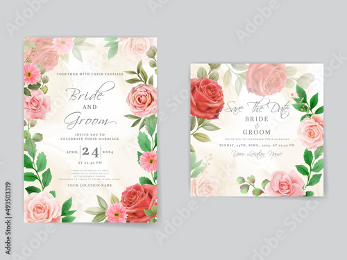 Romantic red roses wedding invitation card template
