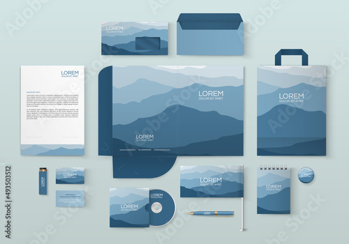 Blue stationery template design with mountains.Set of business corporate identity mock up. Documentation for business.