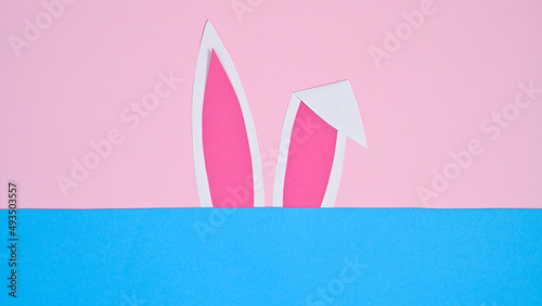Bunny ears on pastel pink and blue background. FLat lay minimal creative concept