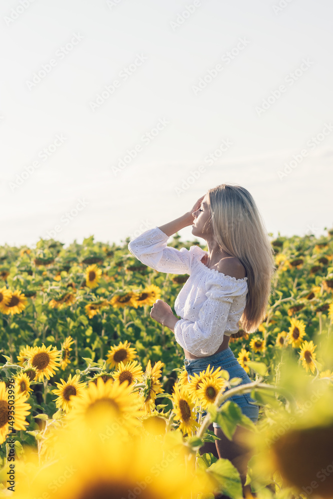 A beautiful blonde young woman in a white blouse and denim shorts enjoys the sun in a field of flowering sunflowers on a summer day.Summer concept.Selective focus,copy space. A beautiful blonde young woman in a white blouse and denim shorts enjoys the sun in a field of flowering sunflowers on a summer day.Summer concept.Selective focus,copy space.
