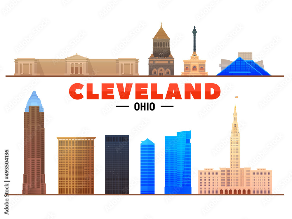 Cleveland Ohio (USA) most famous landmarks on white background. Vector Illustration. Business travel and tourism concept with modern buildings. Image for banner or web site