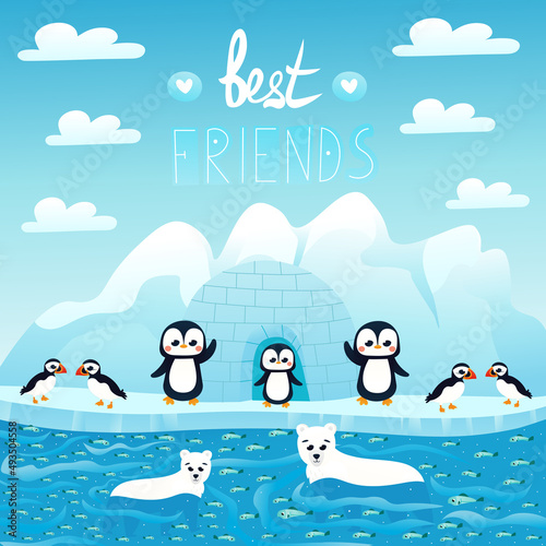 printable poster with best friend hand drawn lettering and arctic wildlife - polar bears, penguins and puffins