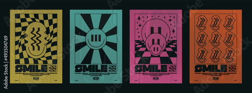 Collection of modern minimalistic abstract posters with geometric shapes and trip smile. With elements of illusions in style of acid. Paper texture poster for your projects