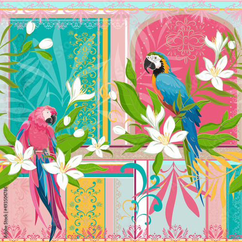 Colorful tropical vector seamless pattern. Surface pattern for fashionable fabric and wallpaper. 