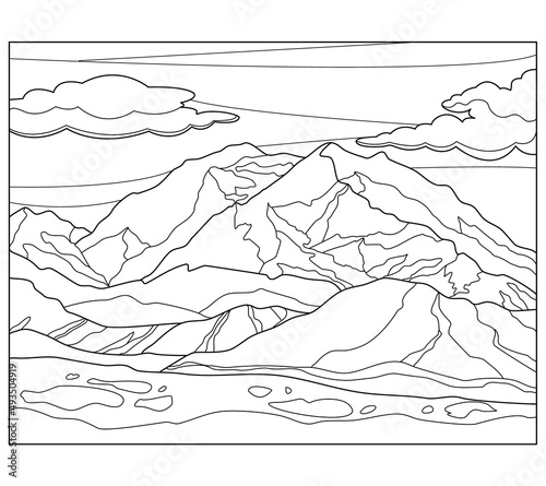 Mountains, lake and trees. Scenery. Coloring book antistress for children and adults. landscape for coloring; mountains and wood; traveling theme. 
