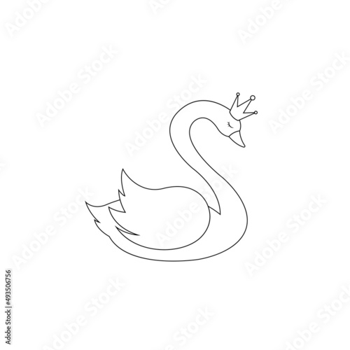 Swan vector in line style isolated on white background. Vector illustration of graceful swan bird in crown. Flat cartoon character design