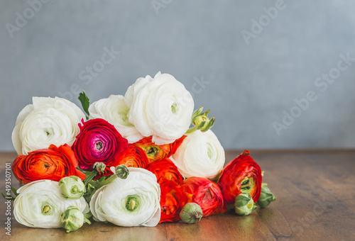 Flowers bunch romantic bouquet background copy space. Colorful ranunculus flower bunch.