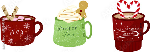 set of christmas cups with hot drinks