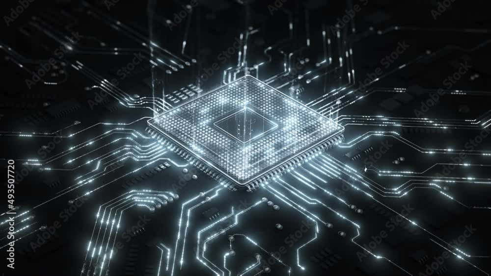 Central Computer Processors CPU concept. Motherboard digital chip. Technological and scientific hud background. Integrated communication processor. 3D animation