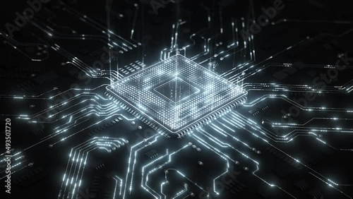 Central Computer Processors CPU concept. Motherboard digital chip. Technological and scientific hud background. Integrated communication processor. 3D animation