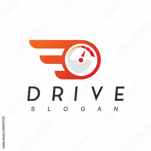 Car Drive Logo Template, Speedometer, Racing Team With Wing Symbol