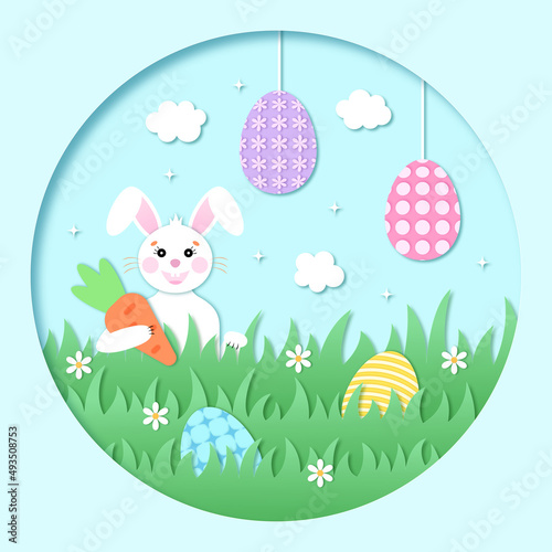 Easter card paper cut out concept. Easter Egg Hunt. White rabbit with a carrot on a green lawn. Brightly Easter eggs in the grass and on strings. Template for invitation  banner or card. Illustration.